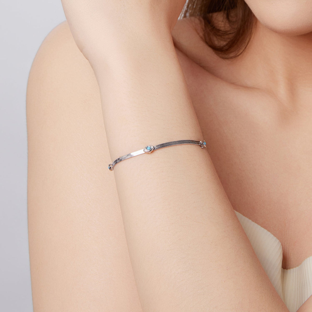 925 Sterling Silver White Gold Plated Multi-Layer Bracelet with Synthetic Turquoise