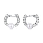 925 Sterling Silver White Gold Plated 1.6cm Hoop Earrings with Synthetic Pearl for Women