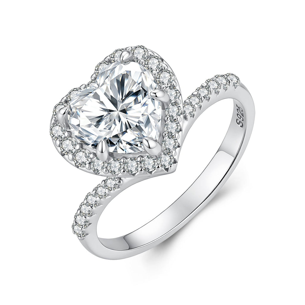 925 Sterling Silver White Gold Plated 2ct Moissanite Heart Ring Size 6 for Women