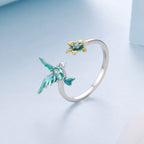 925 Sterling Silver White Gold Plated Enamel Transparent Glass Bird Ring for Women