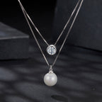 925 Sterling Silver Moissanite & Quality Shell Pearl Necklace for Women - 40+5cm, White Gold Plated