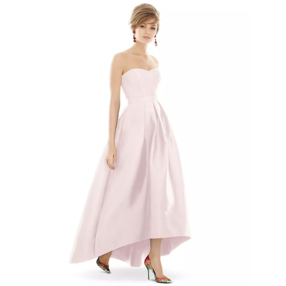 Alfred Sung Blush High-Low Sateen Pleated Skirt Formal Dress