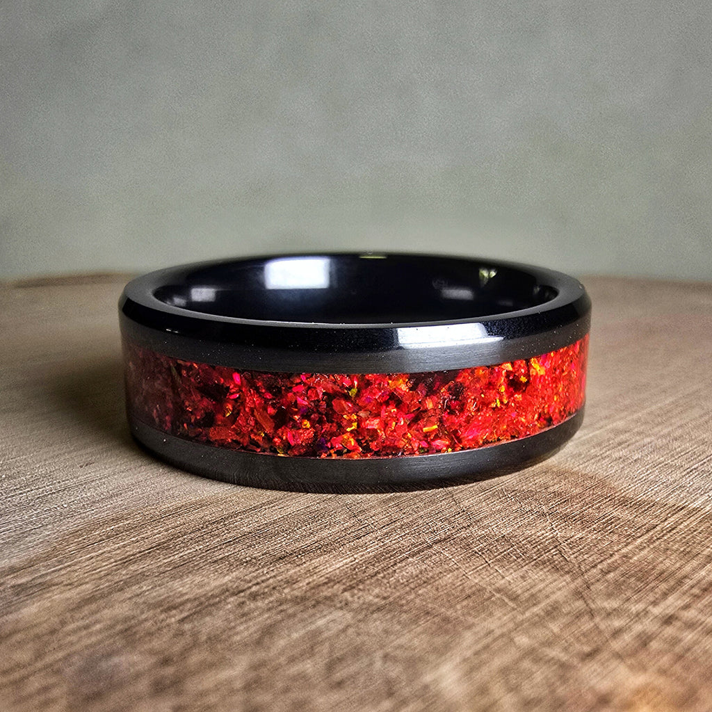 Black Carbide Ring // with Red Crimson Opal // 8mm Width