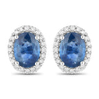 2.16 Carat Genuine Blue Sapphire and White Diamond 14K White Gold Earrings