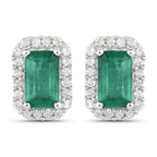 0.91 Carat Genuine Zambian Emerald and White Diamond 14K White Gold Earrings