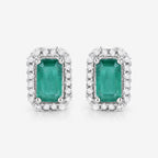 0.91 Carat Genuine Zambian Emerald and White Diamond 14K White Gold Earrings