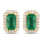 0.91 Carat Genuine Zambian Emerald and White Diamond 14K Yellow Gold Earrings