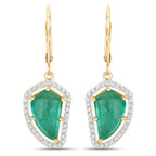 7.56 Carat Genuine Colombian Emerald and White Diamond 14K Yellow Gold Earrings