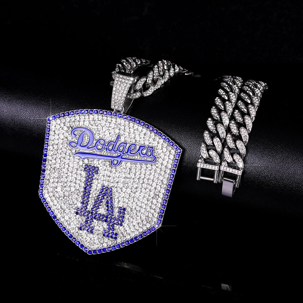 Los Angeles Dodgers Baseball Shield Pendant Necklace – Iced Out 24 Inches Cuban Chain
