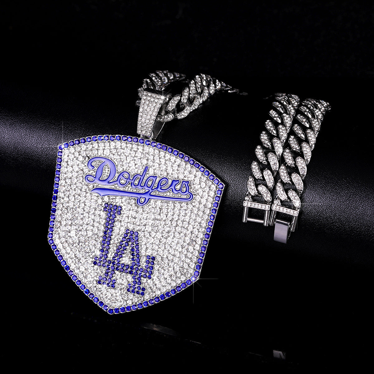 Los Angeles Dodgers Baseball Shield Pendant Necklace – Iced Out 24 Inches Cuban Chain