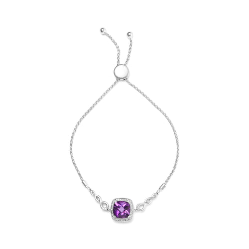 .925 Sterling Silver 10mm Cushion Cut Amethyst Gemstone and Diamond Accent Lariat 4â€-10â€ Adjustable Bolo Bracelet (H-I Color, SI1-SI2 Clarity)