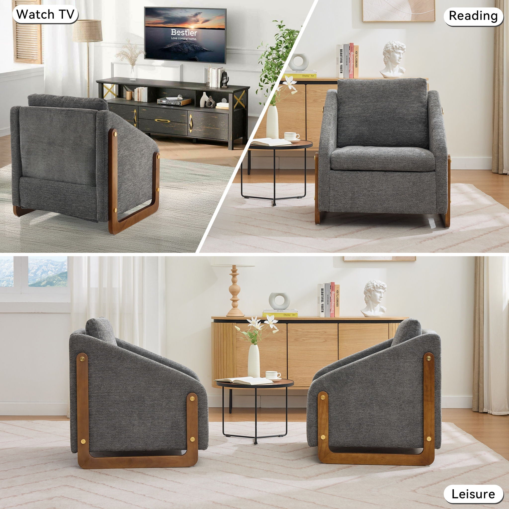 Modern Upholstered Armchair With Wooden Side Frame