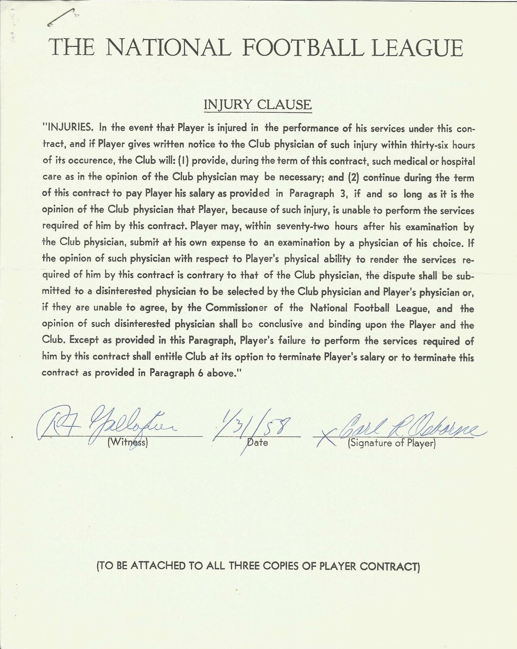 Roddy Osborne Cleveland Browns Signed/Autographed 1958 NFL Injury Clause 150386