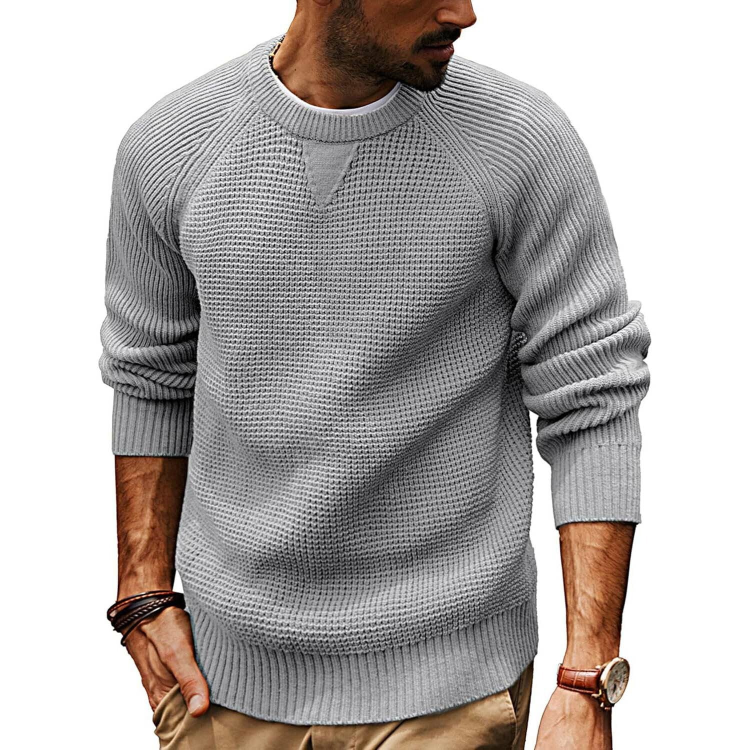 Crewneck Waffle Knit Sweater // Light Grey