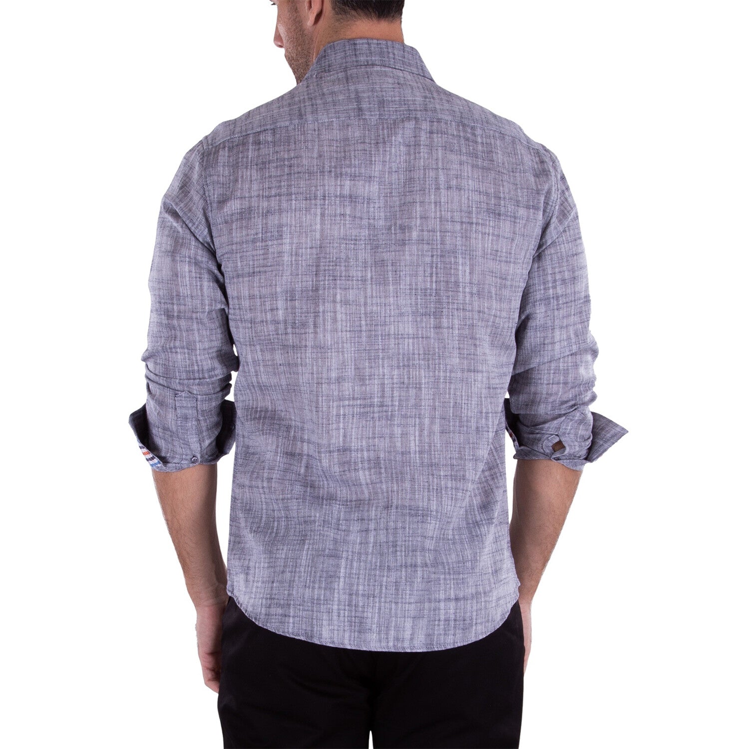 Linen Texture Contrast Cuff Long Sleeve Button-Up Shirt // Black