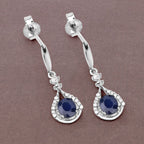 0.86 Carat Genuine Blue Sapphire and White Diamond 14K White Gold Earrings
