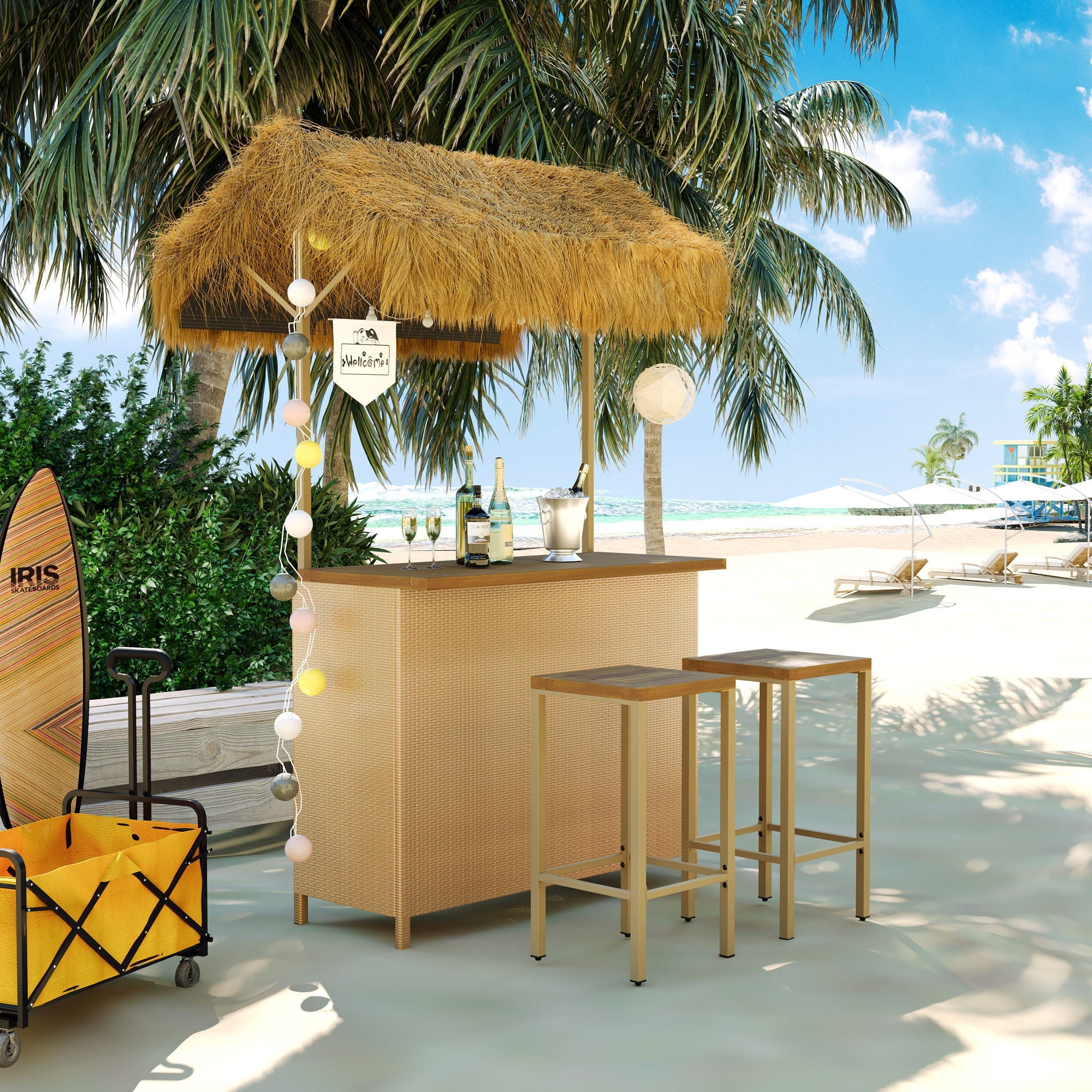 Hawaiian-Style Bar Height Patio Set With PE Grass Canopy - Natural