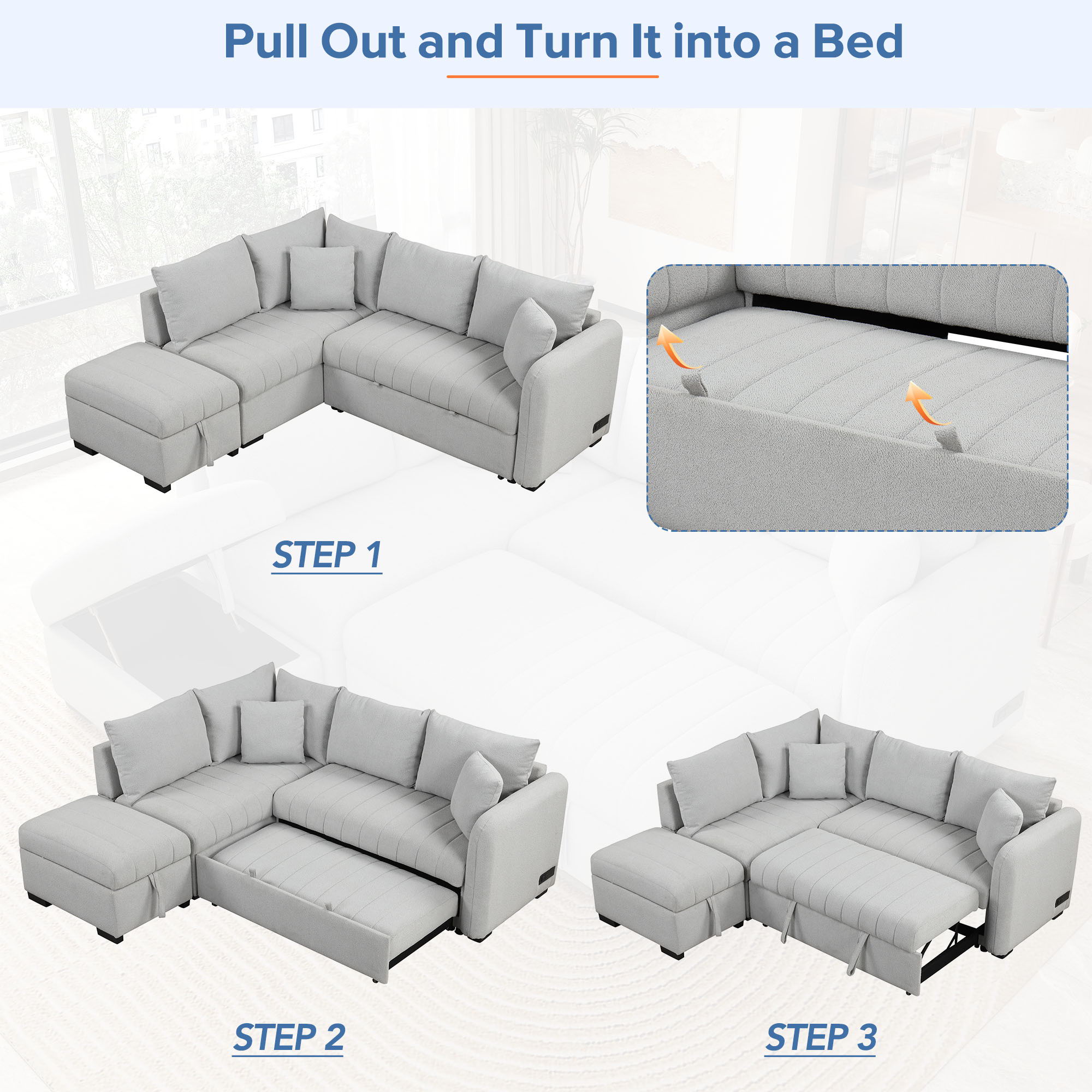 L-Shaped Sectional Pull Out Sofa Bed Sleeper Sofa With Two USB Ports