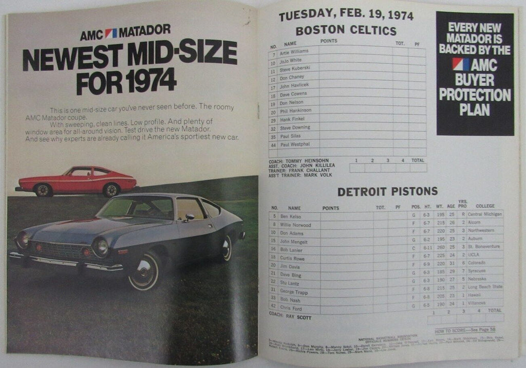 1973/74 Boston Celtics vs. Detroit Pistons Basketball Game Program 176330