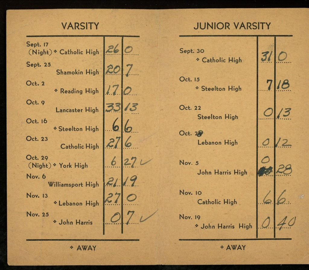 1943 William Penn High School Football 3x5 Pocket Schedule Harrisburg, Penna.