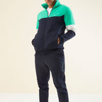 Men's High Collar Blocked Zippered Sweatshirt + Jogger Tracksuit Set // Turquoise + Indigo + White
