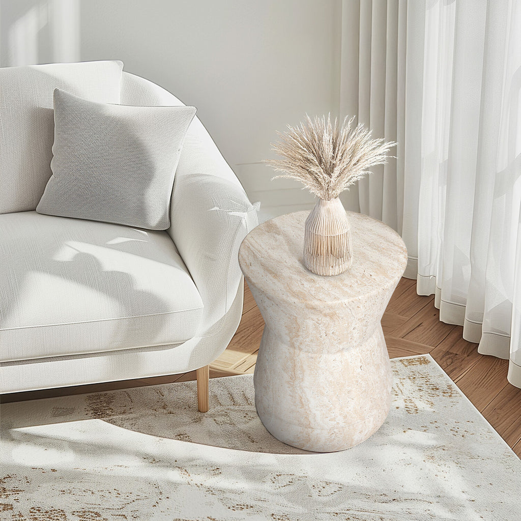 Hourglass Travertine Stone Finish Italian Design MgO Side Accent Table