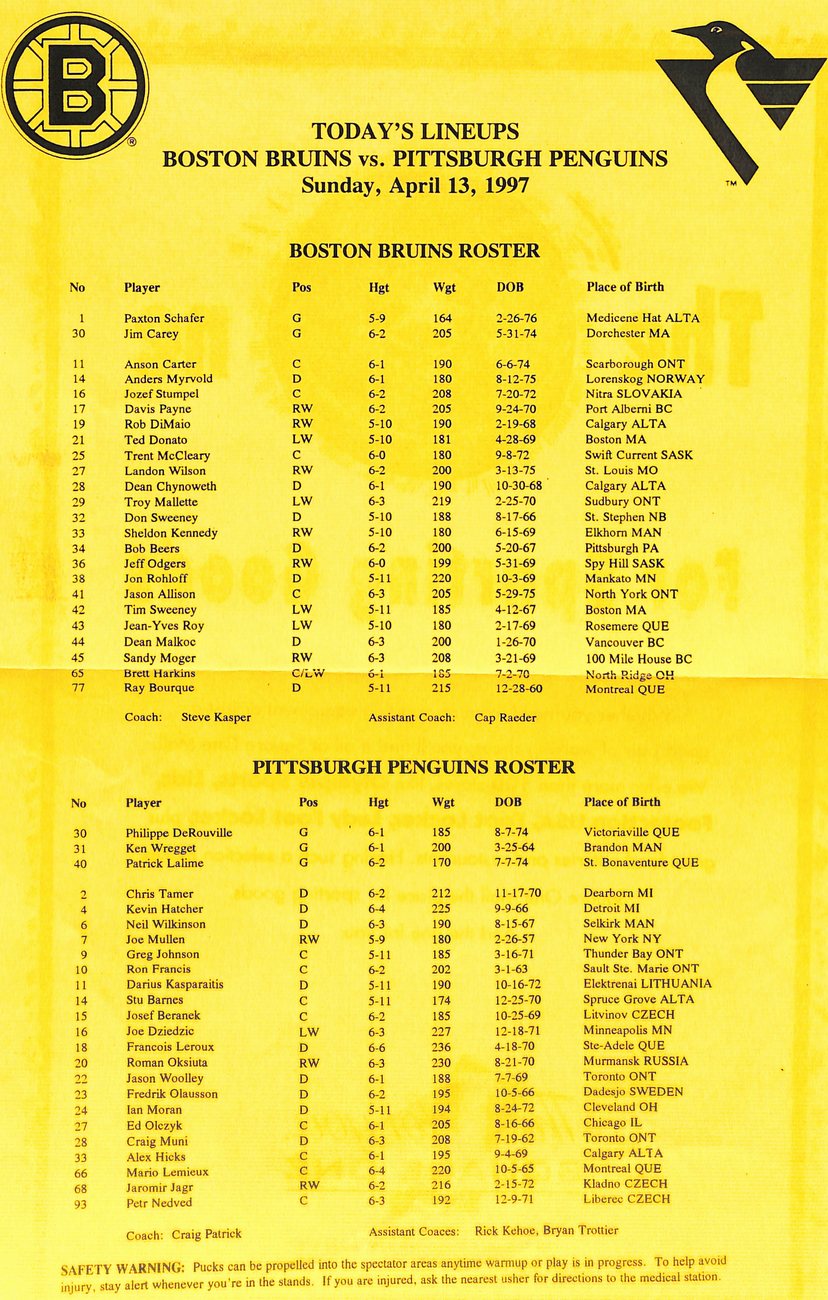 April 13 1997  Boston Bruins vs Pittsburgh Penguins Offical  Game Program 182020