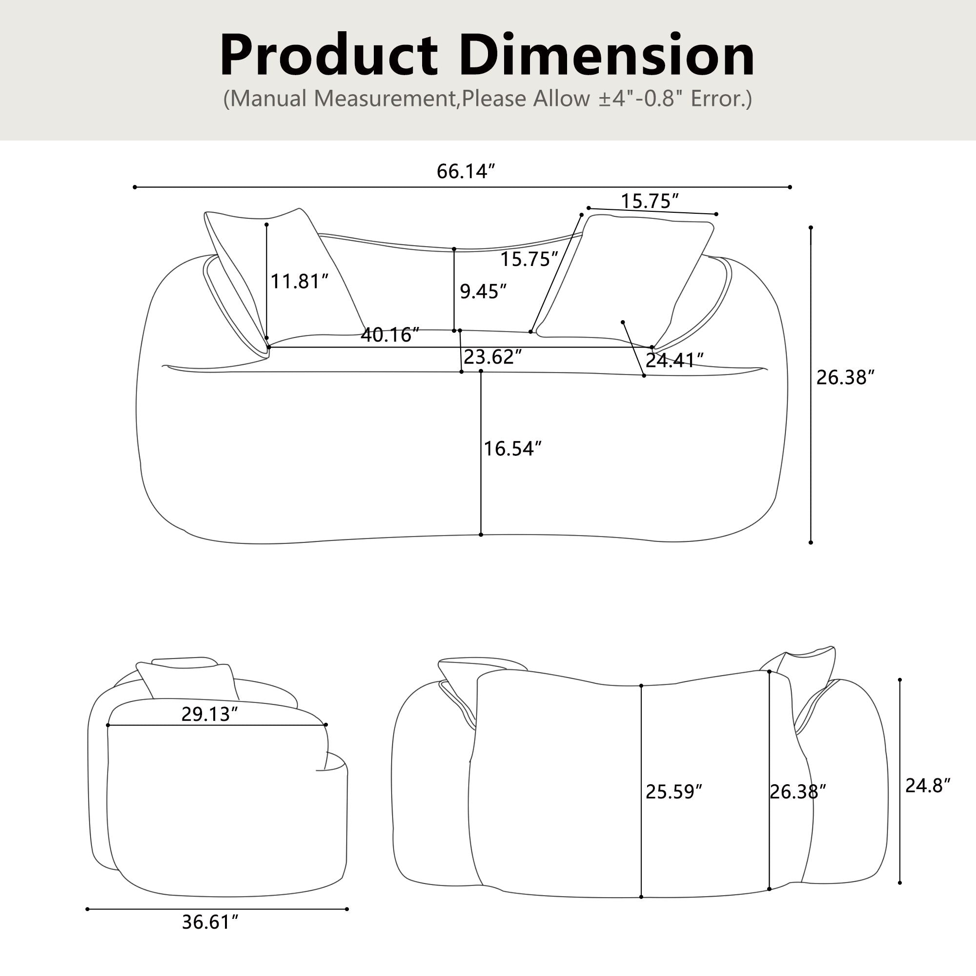 Curved 2 Person Compress Sofa With Armrests