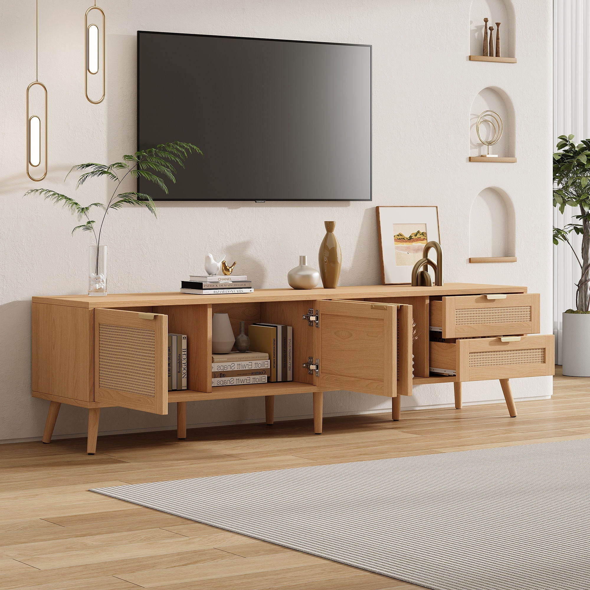 TV Stand, Media Console, 2 Drawers - Natural Wood