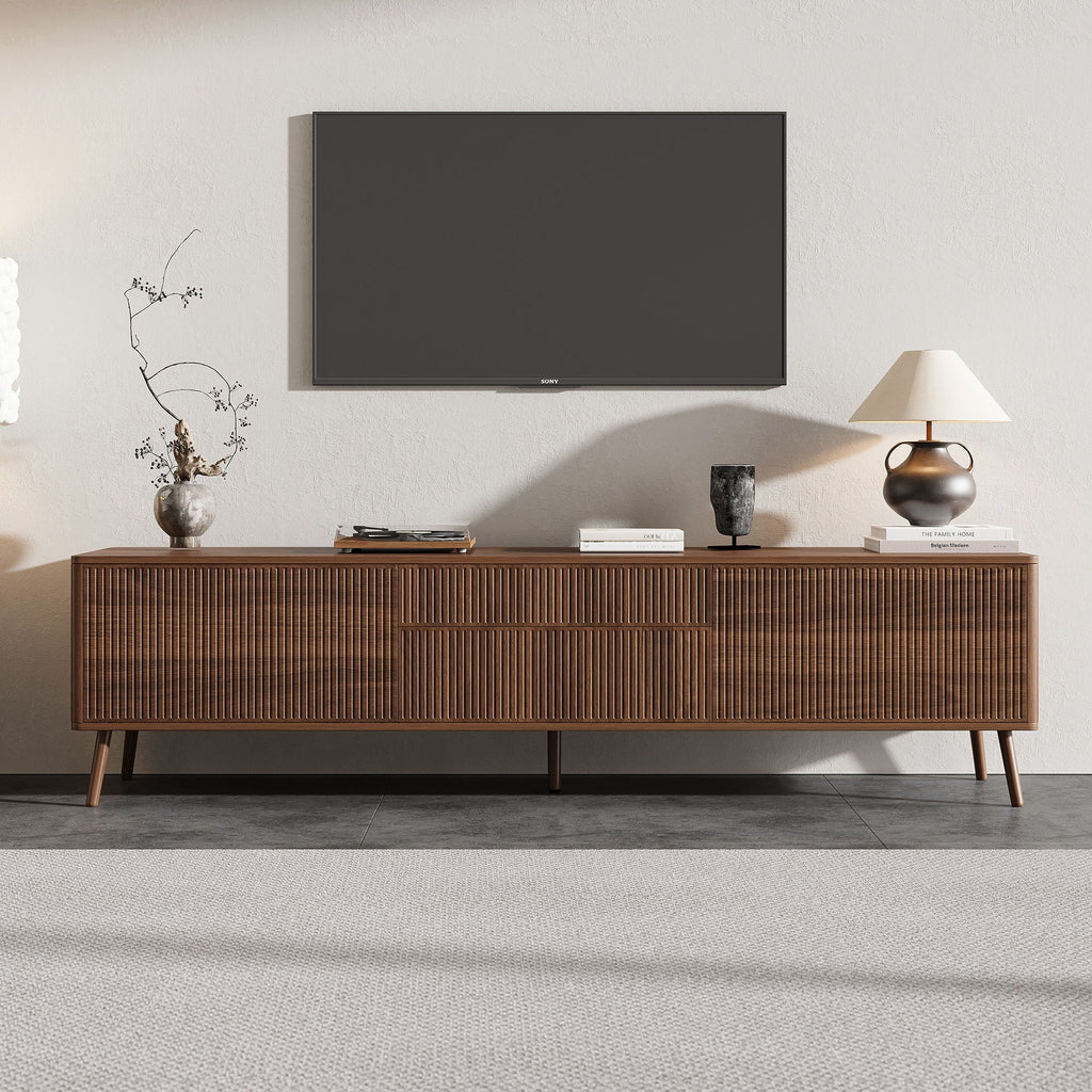 Fluted TV Stand With Storage Drawers And Cabinets For TVs Up - Walnut