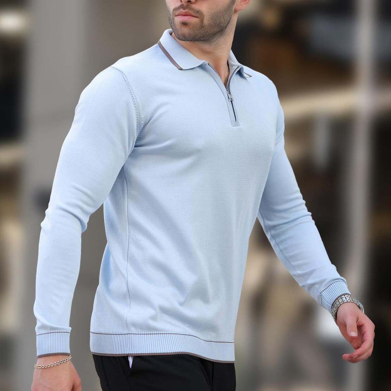 Quarter-Zip Tipped Polo Sweater // Light Blue + Brown
