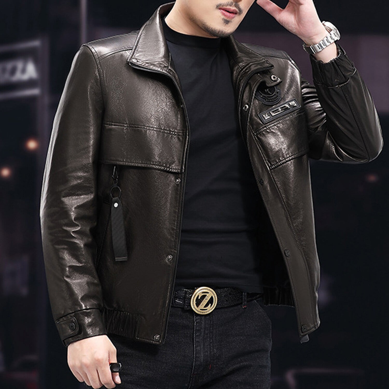 Racer Leather Jacket with Duckdown Lining  // Black
