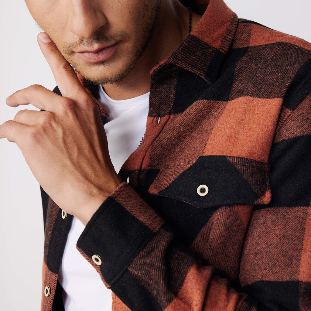 Slim Fit Flap Pocket Checkered Lumberjack Shirt // Black + Orange