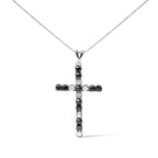 .925 Sterling Silver 2.0 Cttw Prong Set Round Natural Treated Black and White Diamond Cross Pendant Necklace - 18" (Black/H-I Color, I3 Clarity)