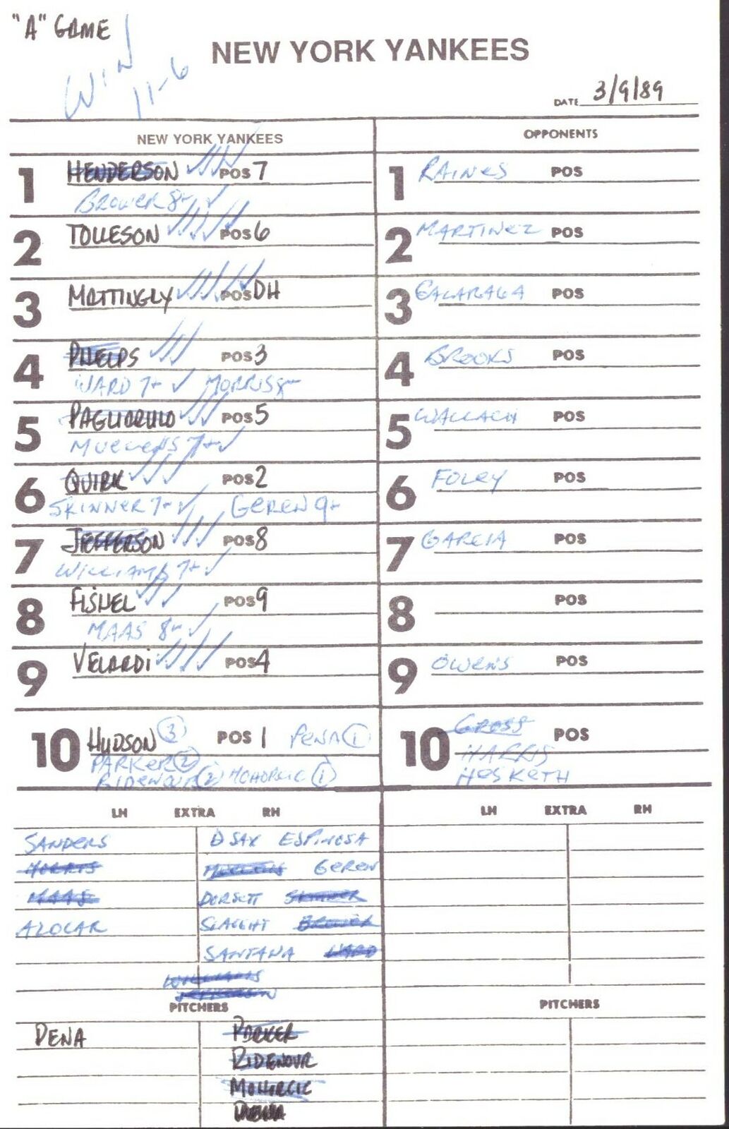 1989 New York Yankees Spring Training 5.5x8.5 Lineup Card vs Expos 151555