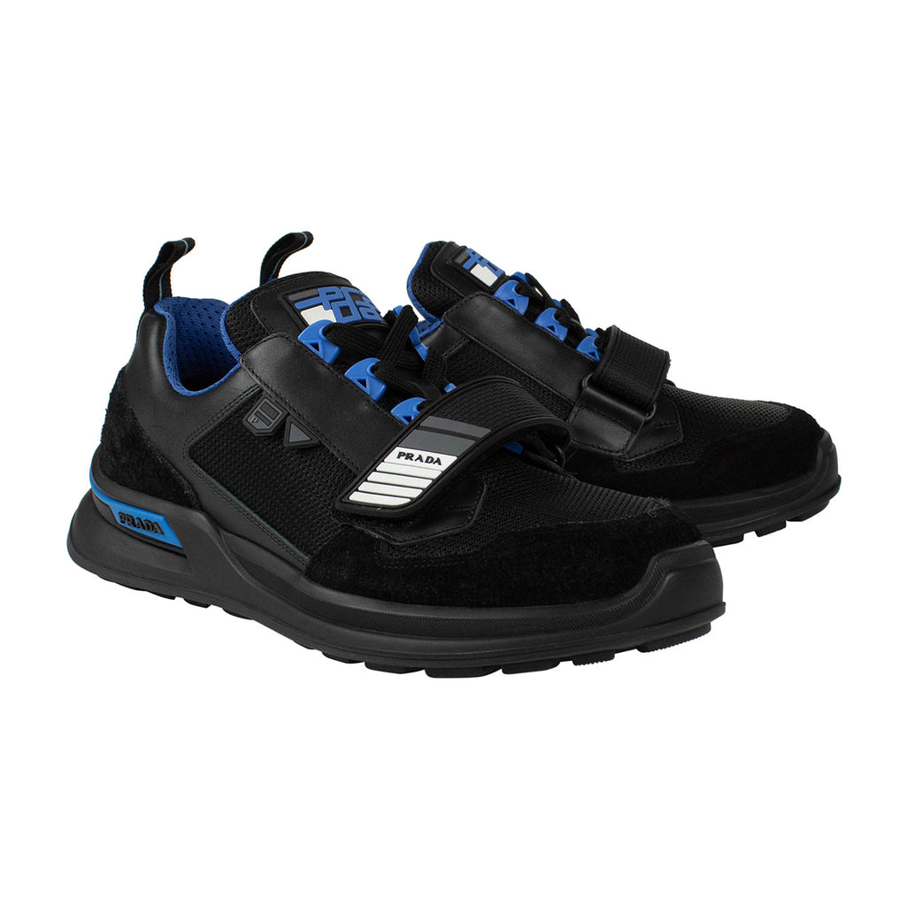 Prada // Mechano Leather + Fabric Sneakers // Black + Blue