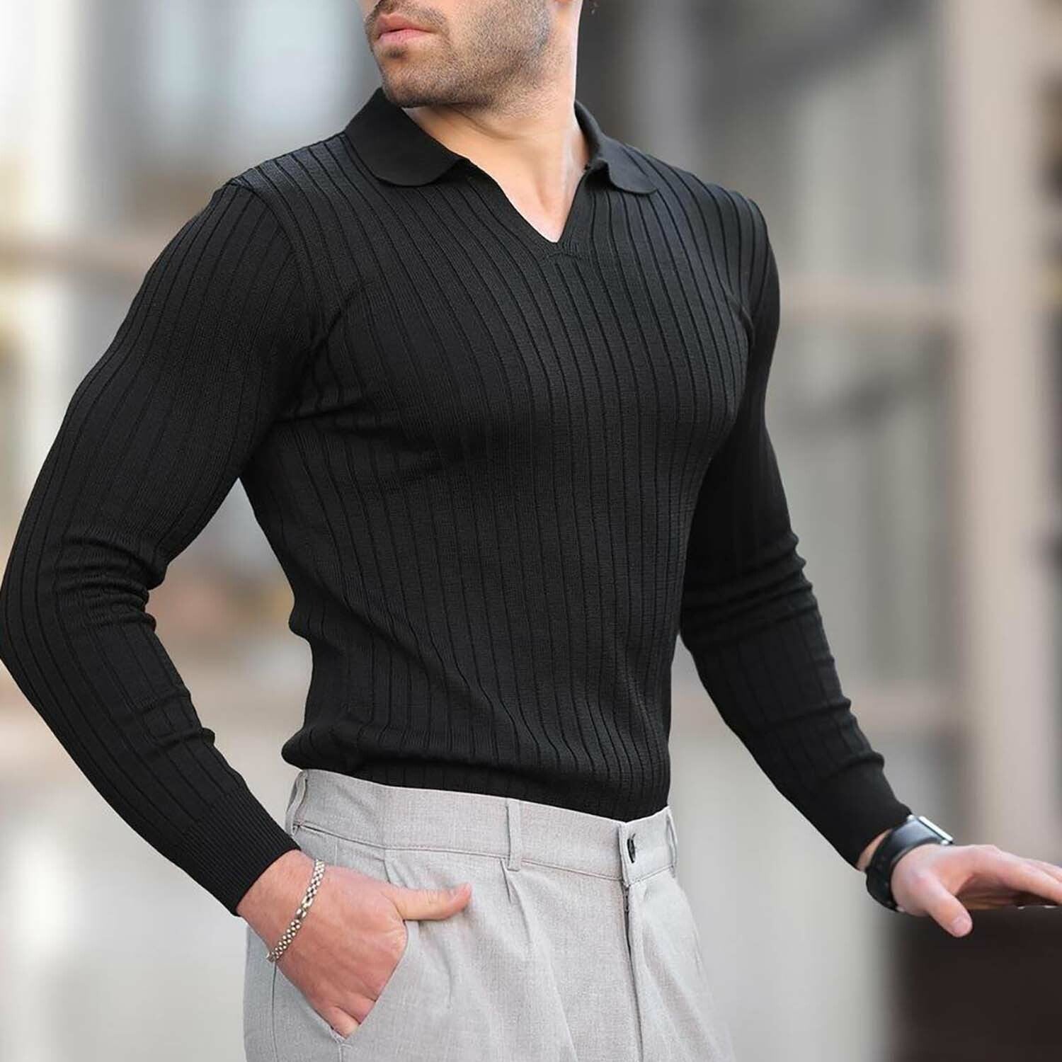 V-Neck Rib Knit Polo Sweater // Black