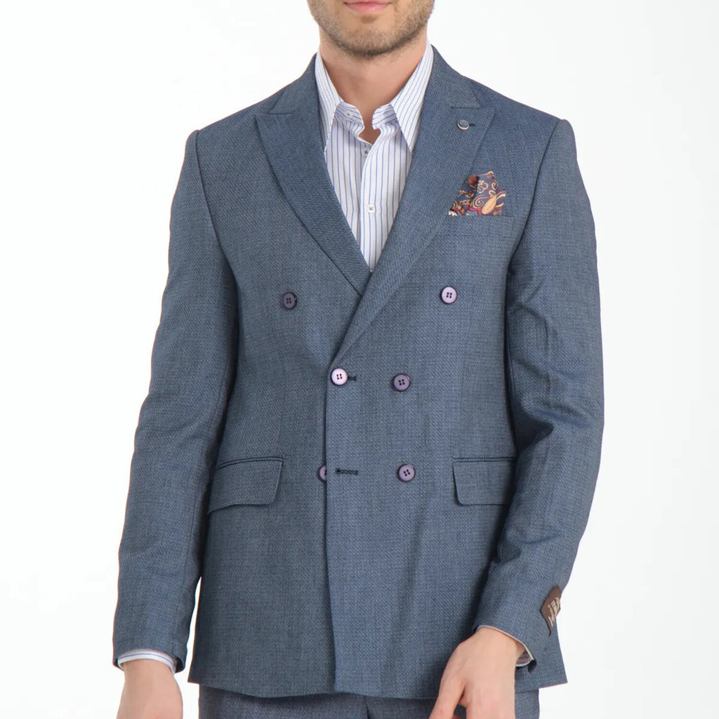 2-Piece Sharkskin Slim Fit Double Breaded Pointed Collar Suit // Gray Blue