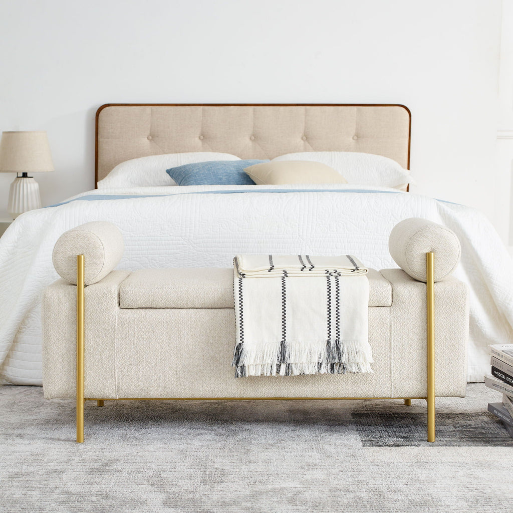Elegant Upholstered Storage Bench With Cylindrical Arms And Iron Legs