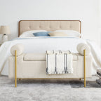 Elegant Upholstered Storage Bench With Cylindrical Arms And Iron Legs