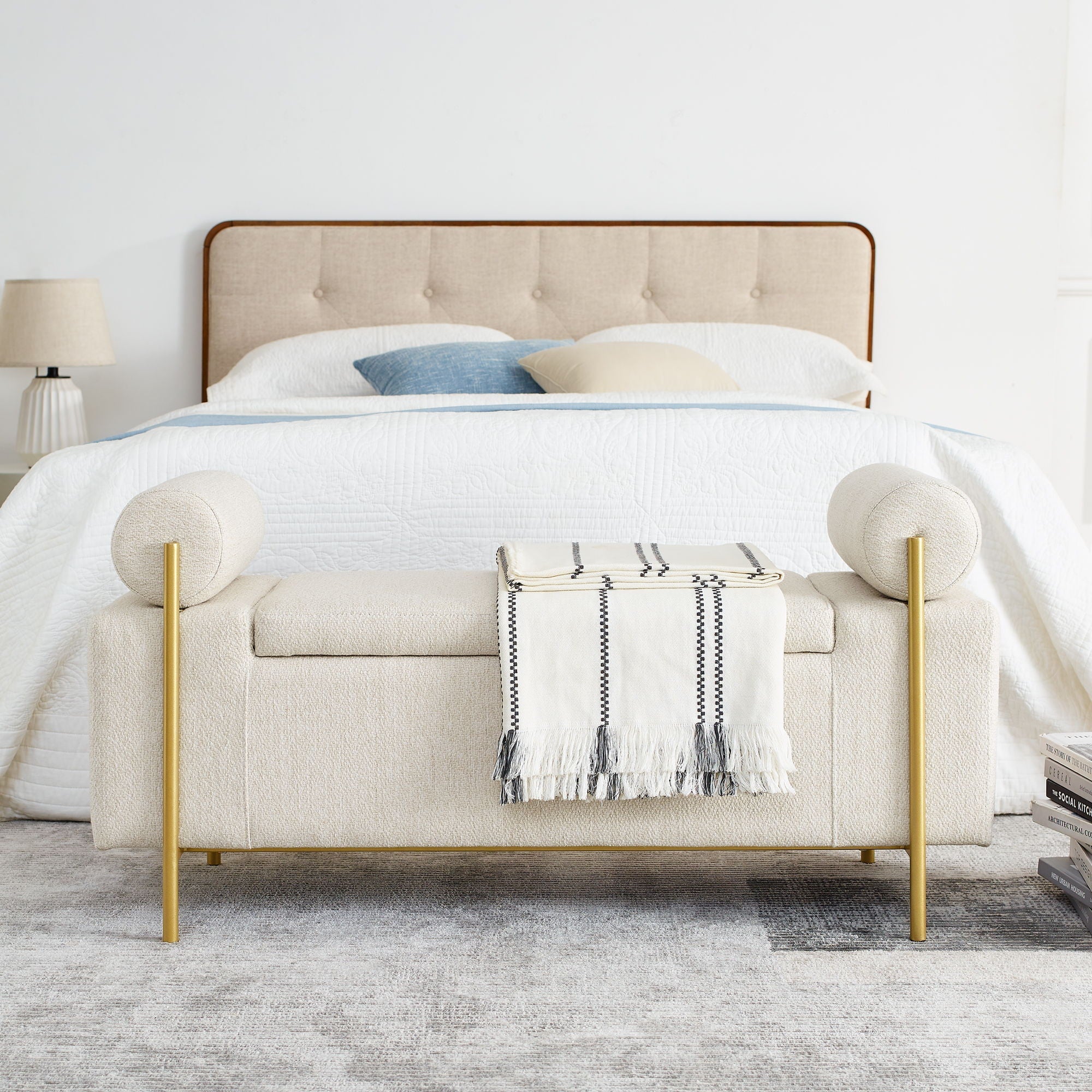 Elegant Upholstered Storage Bench With Cylindrical Arms And Iron Legs