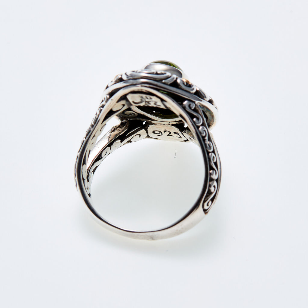 SS + 18K +  Green Tormaline Ring + Diamond Accents