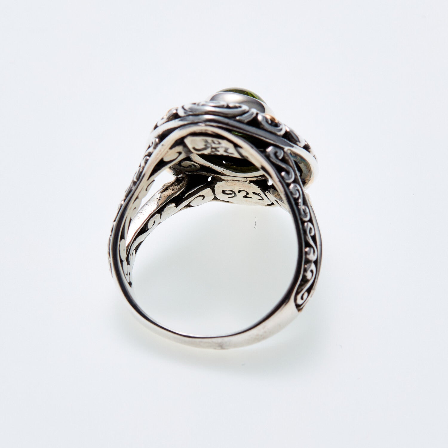 SS + 18K +  Green Tormaline Ring + Diamond Accents