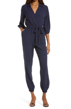 Fraiche by J Tie Waist Long Sleeve Jumpsuit in Navy, Size Large