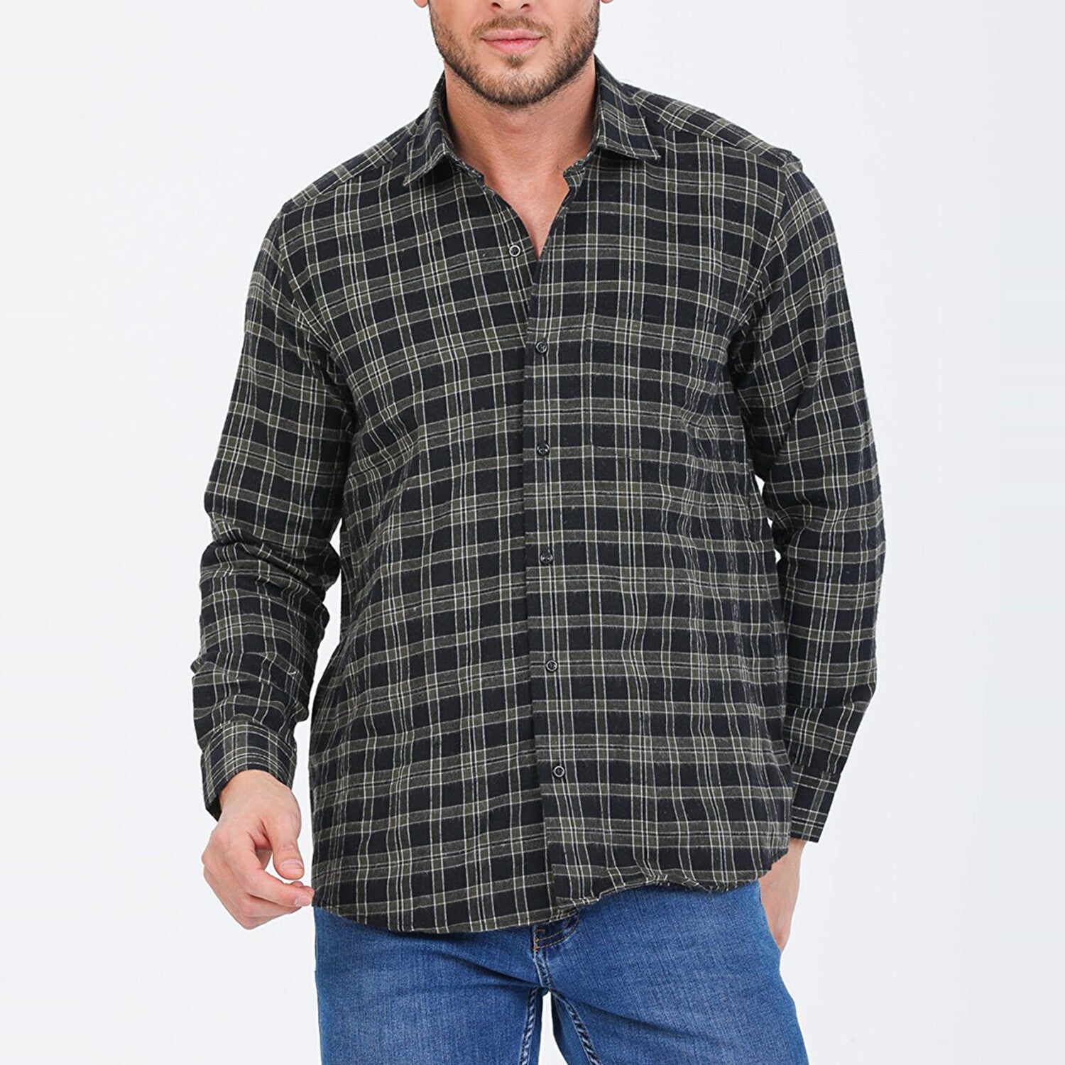 Jake Long Sleeve Checkered Pocket Collar Button-Up Shirt // Military Green