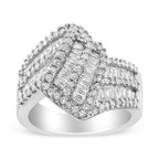 14K White Gold 1-1/2 Cttw Round and Baguette Diamond Bypass Cocktail Ring Band (H-I Color, SI1-SI2 Clarity) - Size 7