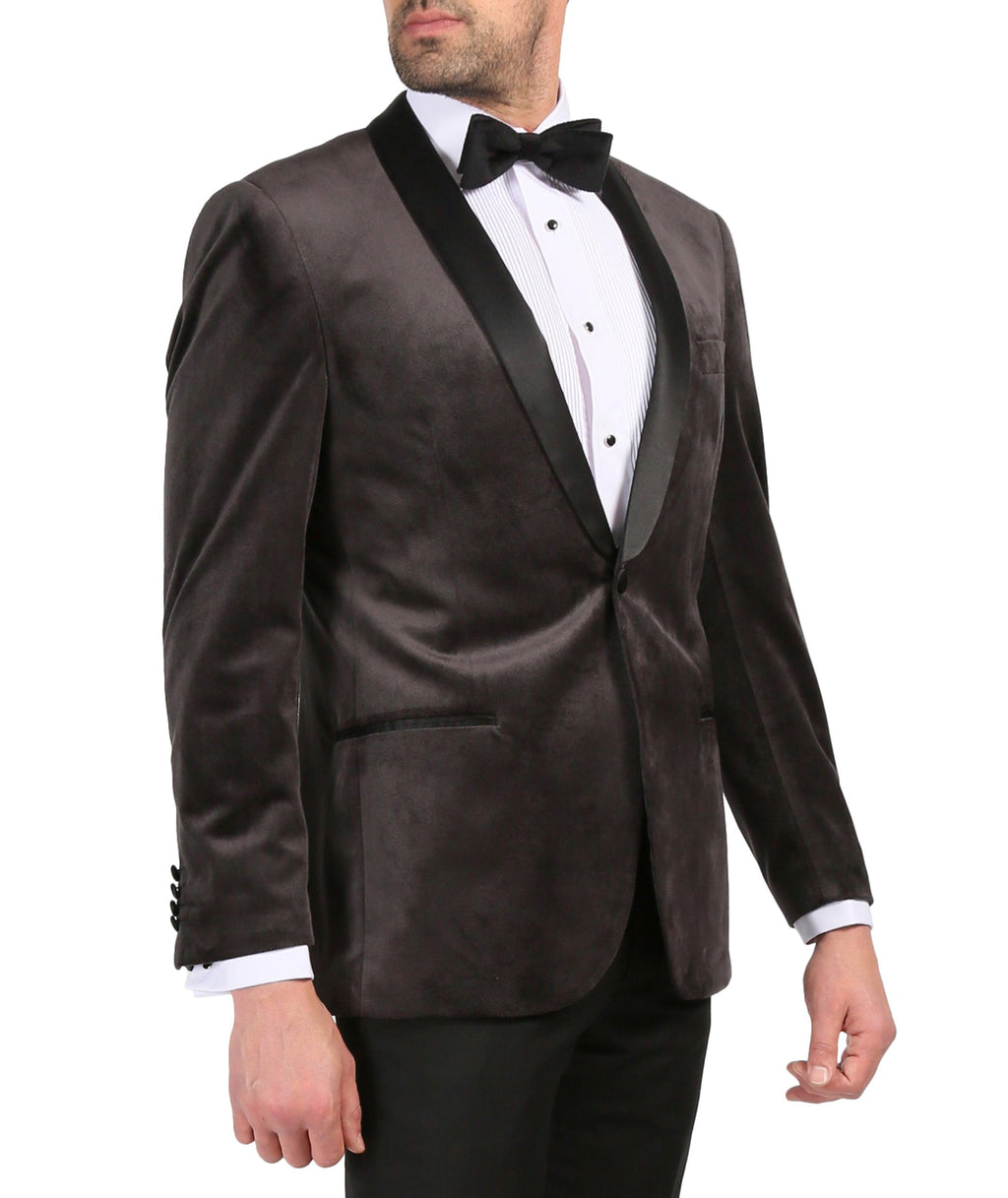 Ferrecci Men's Grey Velvet Tuxedo Jacket – Slim Fit Shawl Lapel Dinner Jacket