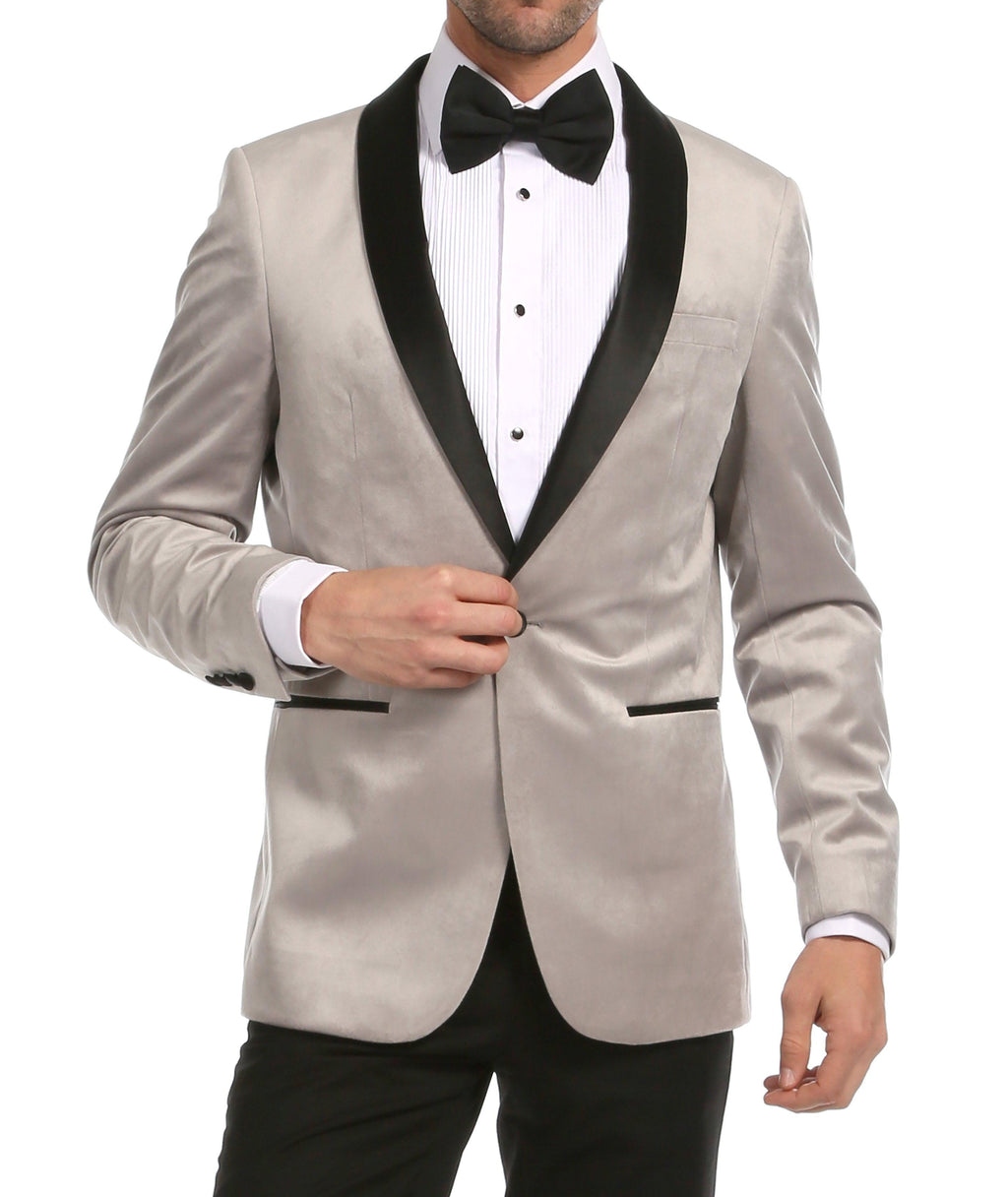 Ferrecci Men's Light Grey Velvet Tuxedo Jacket – Slim Fit Shawl Lapel Dinner Jacket