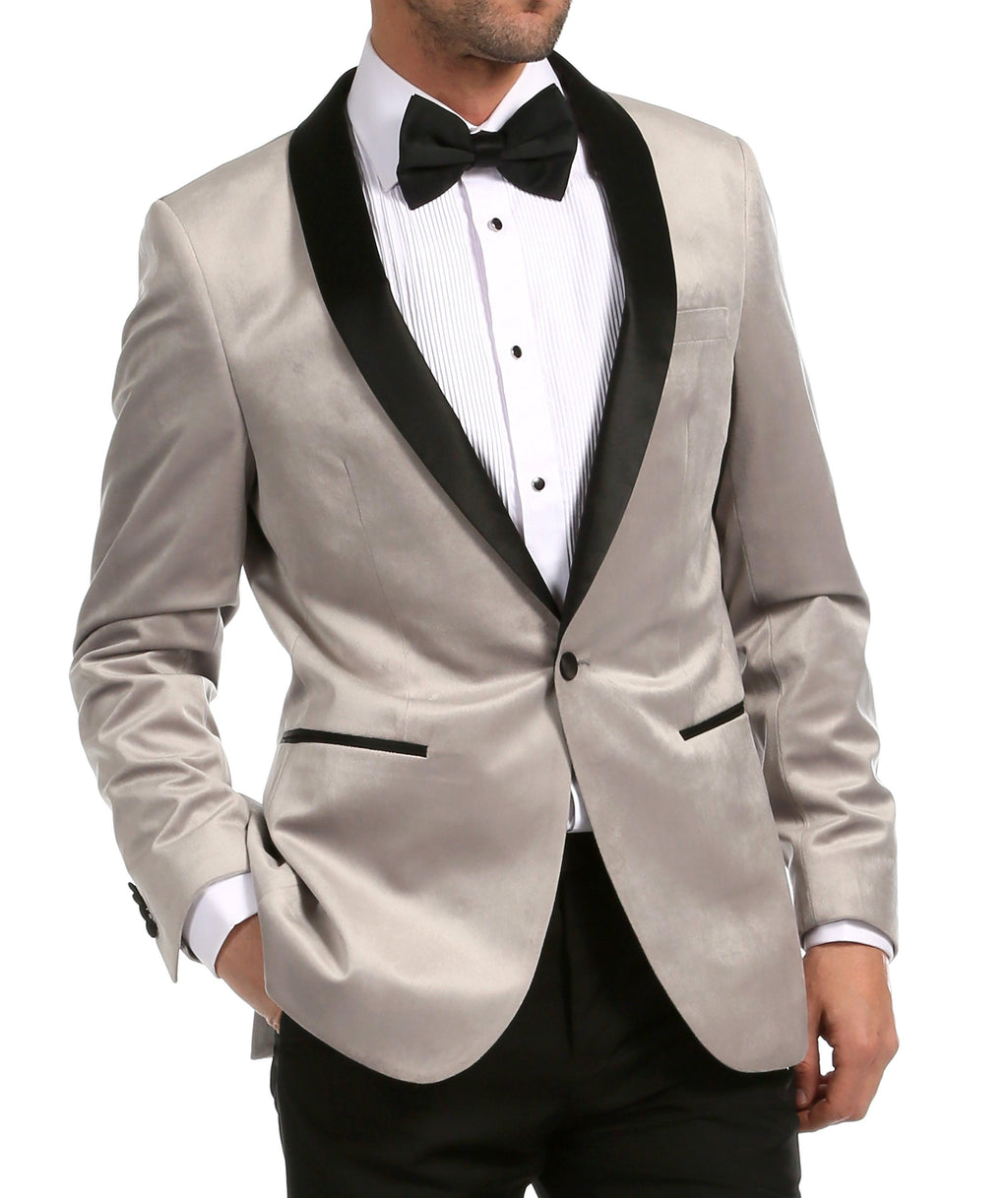 Ferrecci Men's Light Grey Velvet Tuxedo Jacket – Slim Fit Shawl Lapel Dinner Jacket