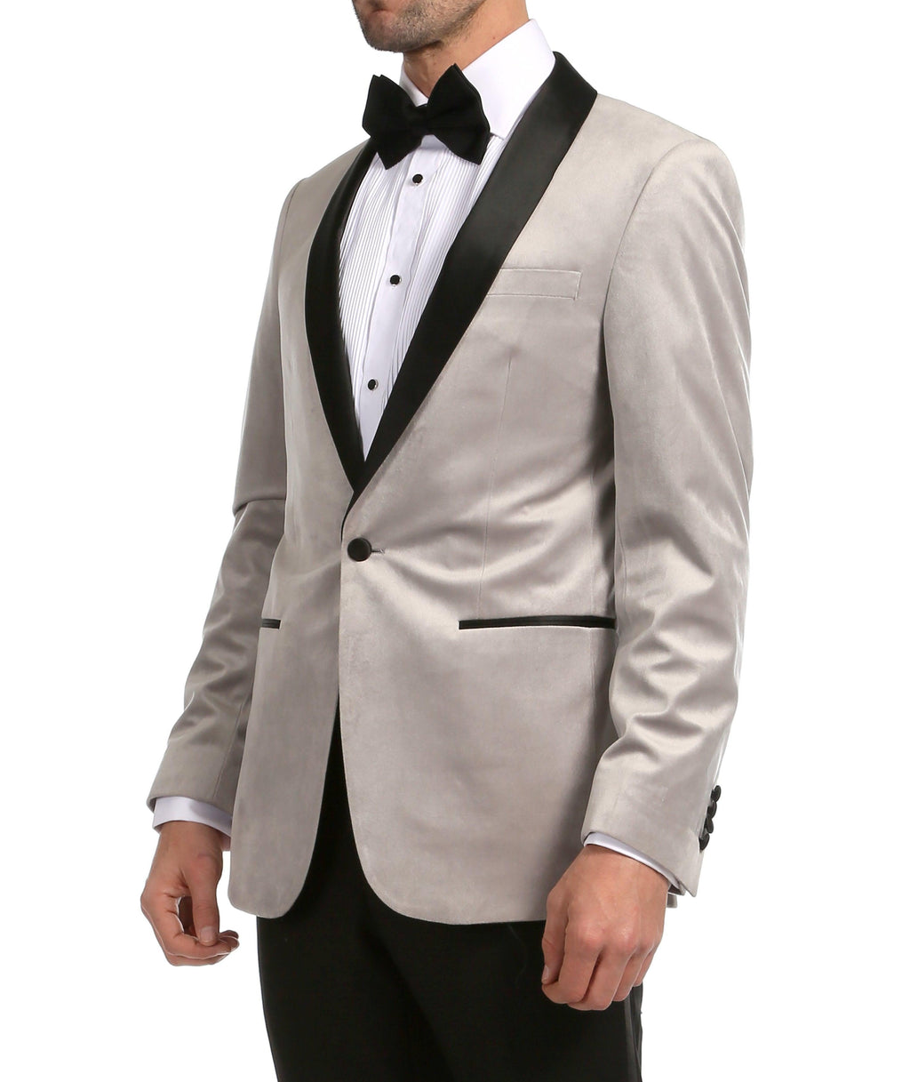 Ferrecci Men's Light Grey Velvet Tuxedo Jacket – Slim Fit Shawl Lapel Dinner Jacket